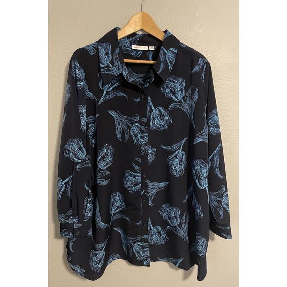 Susan Graver Womens Top Size 22W Blue Floral Button Up 3/4 Sleeve Romantic Fairy - Picture 1 of 7